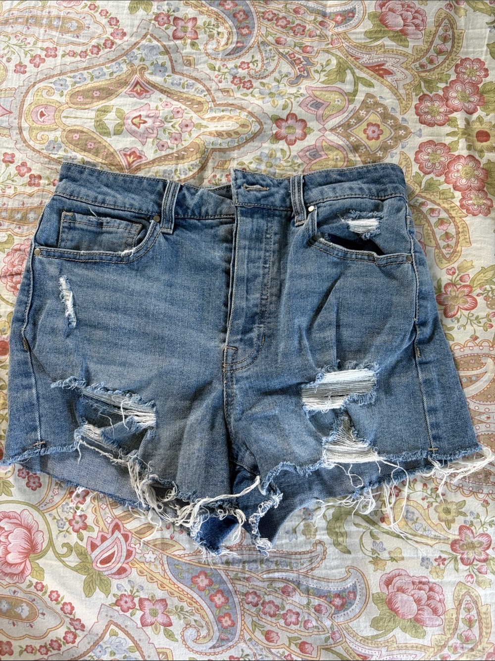High-Rise Distressed Denim Jean Shorts - Blue
